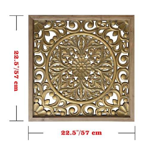 XIAOAIKA Boho Carved Wood Wall Art Panel, Floral Mandala, Distressed Gold - color: Gold