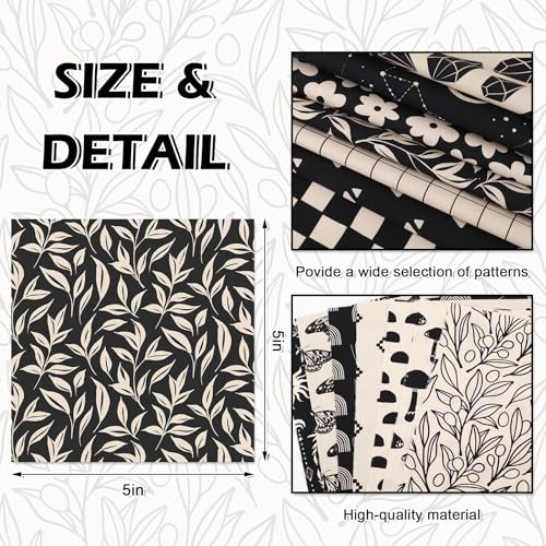 JarThenaAMCS 32Pcs Boho Ivory Charm Square 5-Inch Cotton Fabric Squares Bundles Black Beige Rainbow Mushroom Flower Quilting Sewing Fabrics for DIY Handmade Craft Decor
