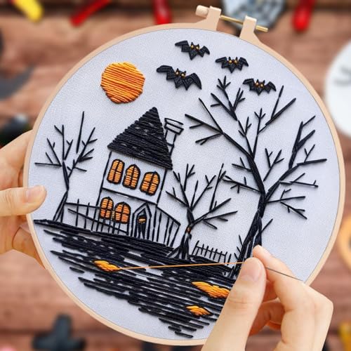 YOUDRN Halloween Embroidery Kit, Bat Halloween Cross Stitch Kit - color: Bat