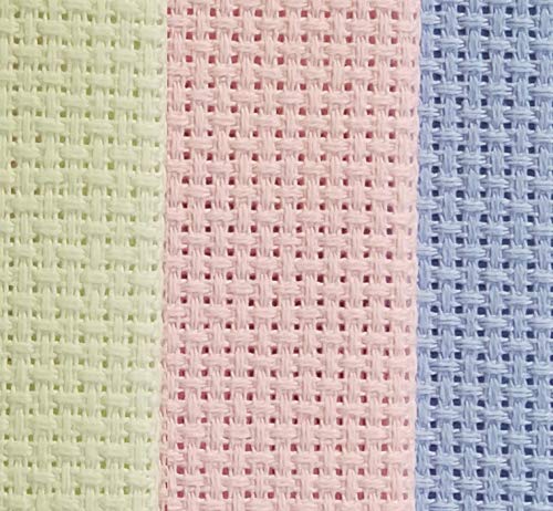KCS 3 pc of 12" x 18" 14CT Counted Cotton Aida Cloth Cross Stitch Fabric (Light Blue+Pink+Light Green) - color: Light Blue+pink+light Green