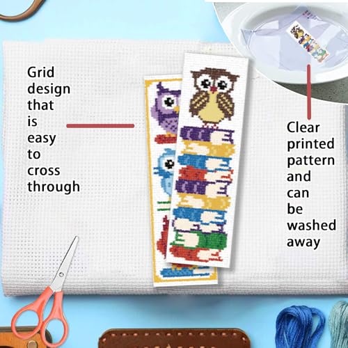FREEBLOSS 6 Set Cross Stitch Bookmark Kit 11 CT Stamped Cross Stitch Kit DIY Embroidery Bookmark Kits for Adult Beginners with Instructions, Owl Books Pattern, 6 x 20 cm/8" x 2.4" - style: Owl