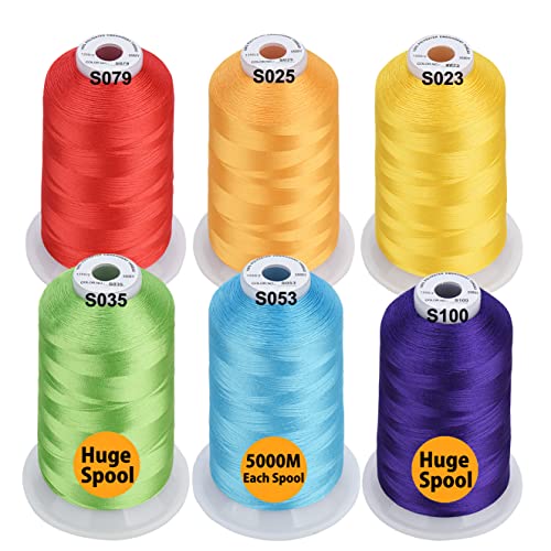Simthread - 33 Selections - Various Assorted Color Packs of Polyester Embroidery Machine Thread Huge Spool 5500Y for All Sewing Embroidery Machines - 6 Rainbow Colors - color: 6 Rainbow Colors