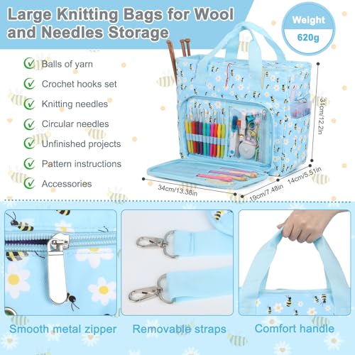 Aeelike Yarn Storage Bag Organizer, Large Crochet Tote Bag, Blue Flower - color: Blue Floral