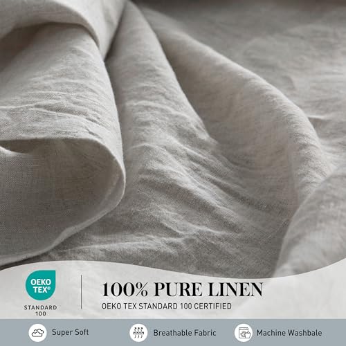 Simple&Opulence 100% French Linen Sheet Set Full Size-Pure Natural Flax Bed Sheet-4 Pcs Breathable Ultra Soft Farmhouse Bedding (1 Flat Sheet,1 Fitted Sheet,2 Pillowcases)-Embroidery Grey - color: Grey, size: Full
