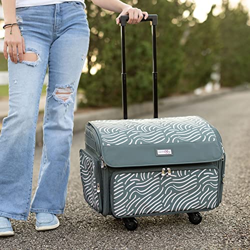 Everything Mary XL Rolling Sewing Machine Case – Grey & White Craft Bag with 4 Wheels – Collapsible Organizer Compatible with Brother, Singer & Most Sewing Machines - color: Grey & Pink