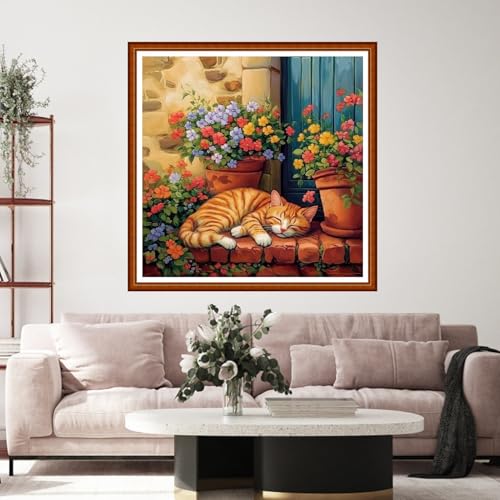 Funart Stamped Cross Stitch Kits for Beginners Full Range of Cross Stitching Preprinted Embroidery Kits for Adults, 11CT Embroidery Pattern Needlepoint Kits-The cat Sleeping on windowsill 18x18 inch - color: ColorArt52