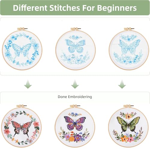 GLTAYLMY Butterfly Embroidery Kit for Beginners Adults, 3 Sets Hand Embroidery Starter Kit with Flower Pattern and Instructions Stamped Cross Stitch Kits Include Embroidery Hoop Needles Threads - color: BU2EBK