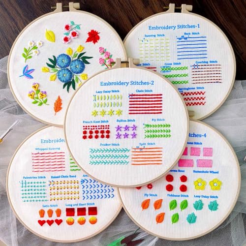 BREENHILL Embroidery Kit for Beginners, 5 Sets with Practice Kit, White Fabric, Tutorial Instructions, Art Craft Kit for Adults & Kids