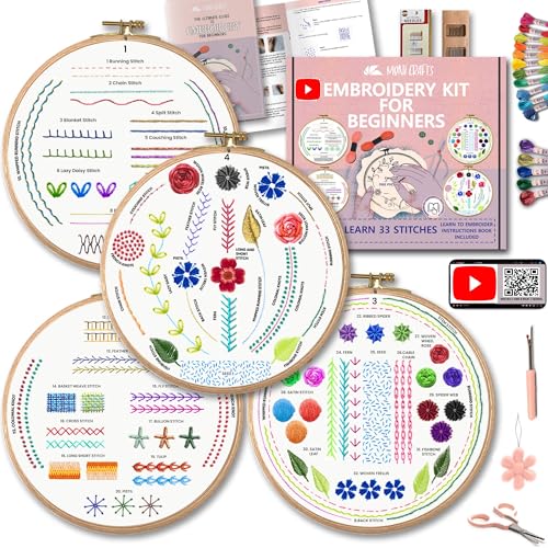 Moni Crafts Embroidery Kit for Beginners – DIY Hand Embroidery Set for Adults with 4 Stamped Patterns, Hoop, Threads, Needles and Step-by-Step Stitch Guide to Learn 33 Stitches - color: Beginners - Practice