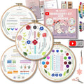 Moni Crafts Embroidery Kit for Beginners – DIY Hand Embroidery Set for Adults with 4 Stamped Patterns, Hoop, Threads, Needles and Step-by-Step Stitch Guide to Learn 33 Stitches - color: Beginners - Practice