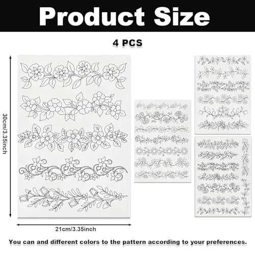 4 Sheets Retro Floral Stick and Stitch Embroidery Stabilizers, 11.7x8.3 Inch Water Soluble Embroidery Transfer Paper with Pre-Printed Flower Patterns for DIY Hand Embroidery Beginners Lovers Gifts