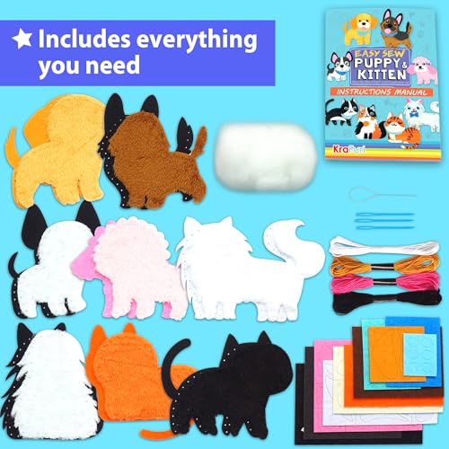 KRAFUN Puppy & Kitten Sewing Kit for Kids Ages 6+ | 8 Dolls - color: Puppy & Kitten