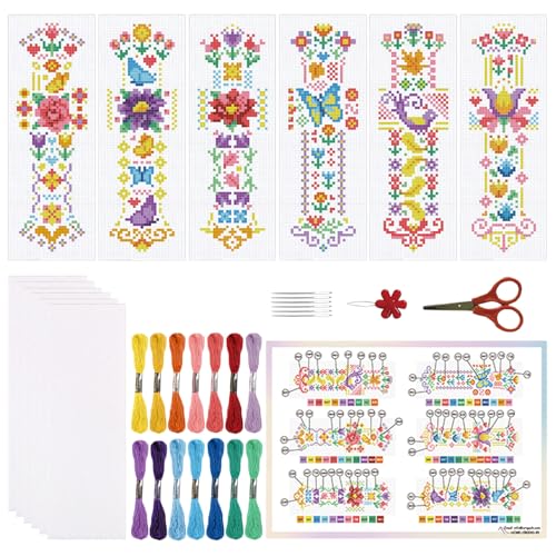 ORIGACH 6 Set Vintage Folk Floral Cross Stitch Bookmark Kit for Beginner - style: Spring Flowers