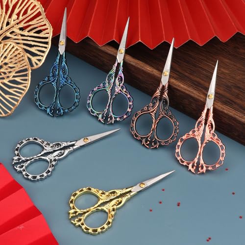 Jasni Pretty Embroidery Scissors 5 Inch Small Sewing Crafting Stainless Steel Vintage peach blossom handle for DIY tools Craft Tailor Threading Shears 2 Packs with cover (Red bronze and Color) - color: Red Bronze and Color