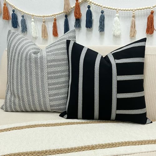Slow Cow Square Throw Pillow Cover Stripe 18 x 18 Inches Black Off White - color: Black Patchwork, size: 18" x 18" (Pack of 1)