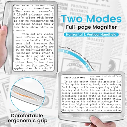 Rechargeable 5X Magnifying Glass for Reading, Large Bright Full Page Magnifier with Light, Handheld LED Dimmable Lighted, Lightweight Book Magnifier for Reading Small Prints Seniors - Silver - color: Silver