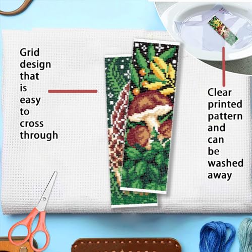 FREEBLOSS 6 Set Cross Stitch Bookmark Kit for Beginner Adults Mushroom Stamped Embroidery Bookmark Kits Cross Stitch Kits with Instruction Bookmarks Making Kit for Book Lovers 8x2.4in/22x8cm - style: Mushroom