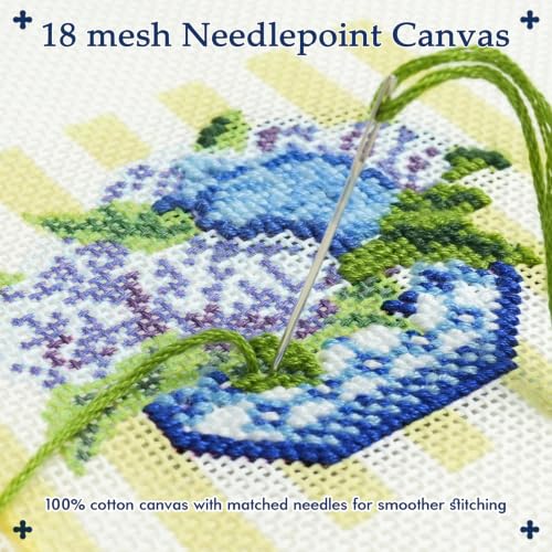 Kaitiaki 18 mesh Needlepoint Canvas Kit, 8 in Painted Canvas Set with Embroidery Floss, Needles, Guide Card, Instruction, Threader, Scissors & Project Bag for Crafter Gift(Hydrangea) - color: Hydrangea, size: 18 mesh