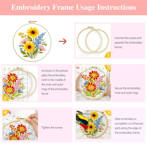 Zhenqing 4-Piece Floral Cross Stitch Kit for Beginners - Complete Set with Pre-Printed 11CT 24x24cm Fabric, Hoop, Threads & Tools (Sunflower, Peony, Tulip Designs)(70362) - color: 70362