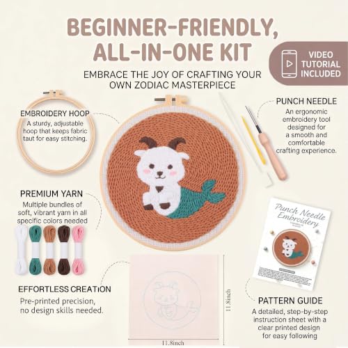Harimau Punch Needle Kit Twelve Zodiac Signs Pattern,1Pc Embroidery Hoop, Essential Punch Needle Supplies,Ideal Punch Art for Beginners,DIY Adults Embroidery, Video Teaching - color: 65284