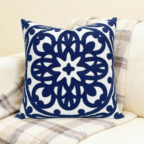 Slow Cow Embroidered Throw Pillow Cover 18 x 18 Inch Navy Blue - color: Navy Petal, size: 18" x 18" (Pack of 1)