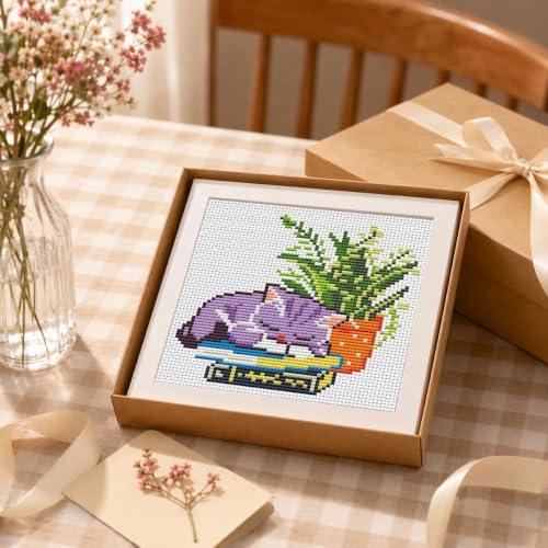 Sleepy Cat Greenery Stamped Cross Stitch Kits for Beginners with Framed - color: DKJ033