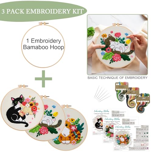 Nuberlic 3 Pack Cat Embroidery Kit for Beginners Adults - color: CAT
