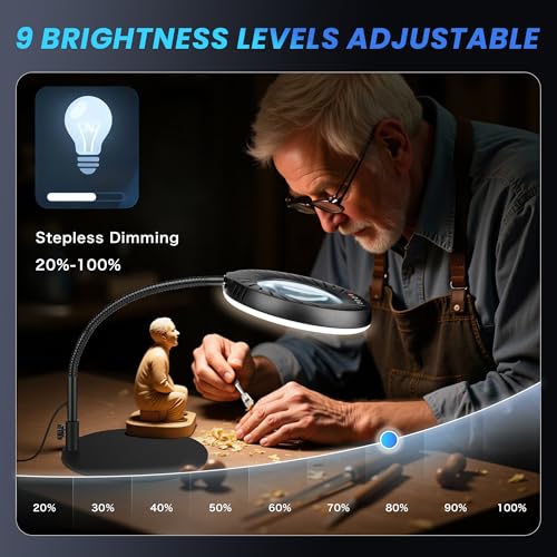 Akynite 12X Magnifying Glass with Light and Stand,5 Color 9 Levels Dimmable