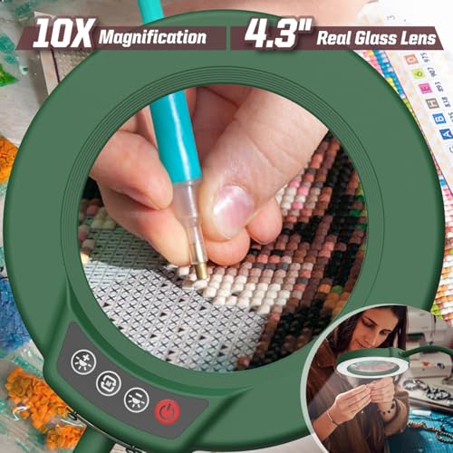 10X Magnifying Glass with Light and Stand, 5 Color Modes Stepless Dimmable LED Lighted Desk Lamp, Hands Free Flexible Gooseneck Magnifier with Light for Craft Hobby Painting Close Work - Green - color: Green, size: 10X-12.6in