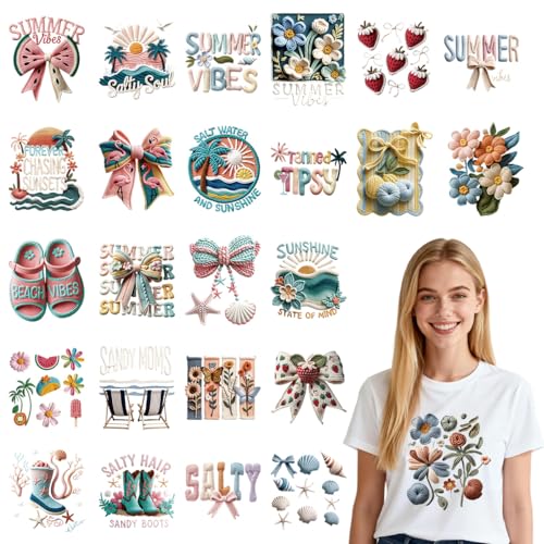 25Pcs Summer Dtf Transfers Ready to Press Faux Yarn Beach Iron on Transfers for Tshirts Coquete Bow Floral Transfer Vinyl Stickers for Clothing Pillows Bag DIY Crafts - color: Summer Beach