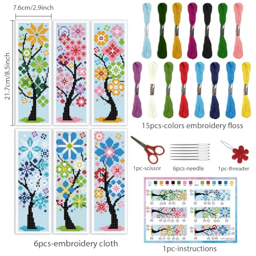 INFUNLY 6PCS/Set Tree Flowers Cross Stitch Bookmark Kit 2.99x8.54 Candy Color Handmade Cross Stitch Bookmarks DIY Embroidery Bookmarks for Readers with Instruction for Starter Adults Book Lovers - style: Tree Flowers