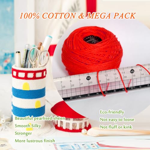 Soft 10 Pearl Cotton Crochet Thread in Balls,Size 3 Rainbow Classic Colors Crochet Thread for Crochet Hardanger Cross Stitch Needlepoint Hand Embroidery (Red) - color: Red