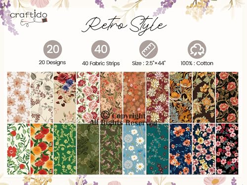 Craftido-20 Options-100% Cotton Jelly Roll Fabric Precut Strips for Quilting, Crafting, and Sewing, 40 Strips 2.5" x 44" Assorted Bundles for Rug, Quilt Project, DIY Craft and Home Decor-Retro Style - color: Retro Style