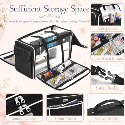 CAB55 XXL 23-Inch Rolling Sewing Machine Case with 4 Wheels, Extra Large Carrying Case for Professional Embroidery and Heavy Duty Sewing Machines with Bottom Support Board (Black) - color: Black