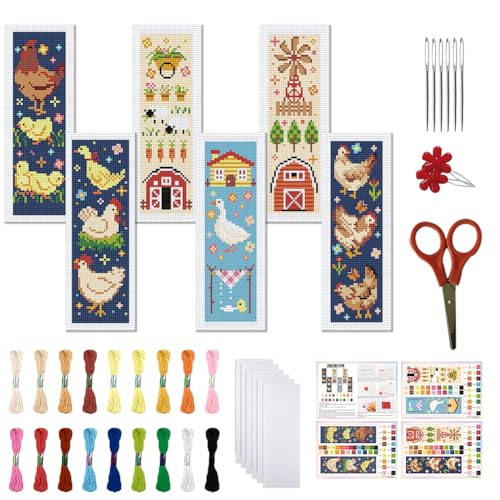 FREEBLOSS 6 Set Cross Stitch Bookmark Kit for Beginner Adults Farm Animal Stamped Embroidery Bookmark Kits Cross Stitch Kits with Instruction Bookmarks Making Kit for Book Lovers 8x2.4in/20x6cm - style: Goose&Barn&Blanket