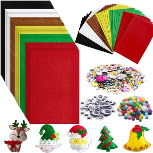 gisgfim 42Pcs Christmas Felt Fabric Sheets 8 x 12 Inch Red Green Black Assorted Soft Thick Felt Pack with Wiggle Google Eyes Pom Poms Glitter Patchwork Craft for DIY Sewing Creative Art Project Decor - style: Christmas Series