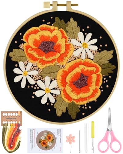 ERKOON Embroidery Kit for Beginners, Flower Cross Stitch Set Include Embroidery Cloth Hoops Threads for Craft Lover Hand Stitch with Embroidery Skill Techniques (Floral) - color: Floral