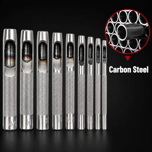 UNCO- Hollow Leather Hole Punch Set, 2.5mm-10mm, 9 pcs, Silver, Carbon Steel Leather Hole Punch Tool with Storage Bag