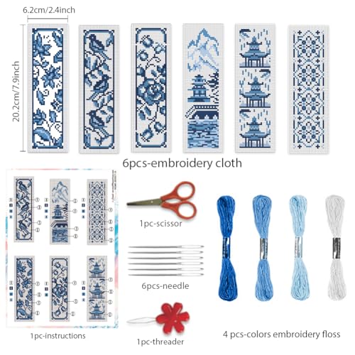 BEUNITONE Cross Stitch Bookmark Kit 6 Pcs Watercolor DIY Bookmarks Cross Stitch Kits for Beginners Birds Flower Stamped Embroidery Bookmark with Landscape Patterns Craft Kit for Gifts 8''x2.4'' - style: Blue and White Porcelain Pattern