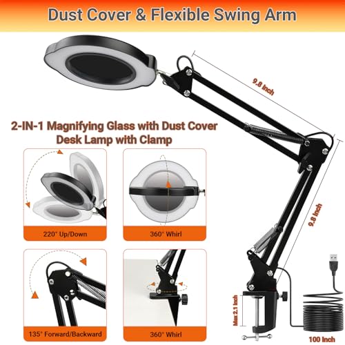 15X Magnifying Glass with Light, Real Glass Lens, 84 LEDs, 5 Color Modes, 10 Brightness Dimmable, Adjustable Swing Arm with Clamp, Hands-Free Magnifier for Reading, Crafts, Repair, Sewing, Close Work