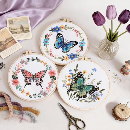 Uniartfy Butterfly Flower Embroidery Kit for Beginners, Cross Stitch Kits - color: Embroidery Kit-D