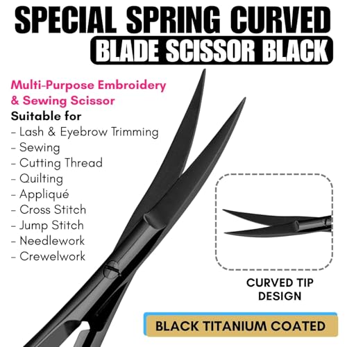 Cross Edge Curved Spring Scissors 5 Inch Stainless Steel Precision Eyebrow & Eyelash Shaping & Trimming Scissor, Snips Squeeze, Embroidery, Knitting Micro Tip Craft Scissors (Black) - color: Cec-ss-28