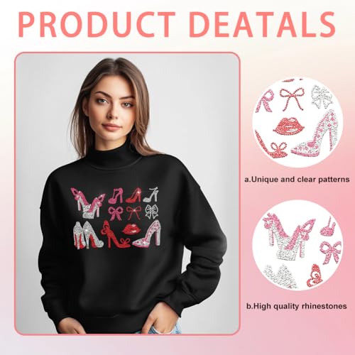 5 Pcs Bat Pattern Iron on Rhinestones Transfer, Bling Crystal Clothing Repair Applique Heat Transfer Patches for T-Shirt Vest Shoes Hat Jacket Pants Bags Decor - color: High Heels and Red Lip