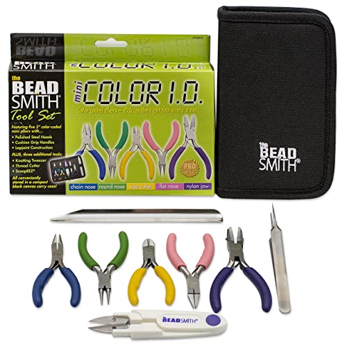 The Beadsmith Mini Color-ID Set – 3”, 8-Pieces Includes: Chain Nose, Round Nose, Side Cutter, Flat Nose, Nylon Jaw Flat Nose, Tweezers, Thread Snippers, Bead Scoop & Canvas Case – For Jewelry Making - size: Mini 8-Piece Set - 3 Inches
