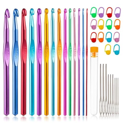 37 PCS Crochet Hook Set, High Quality Crochet Needles for Arthritic Hands, with Large-Eye Blunt Needles and Stitch Markers - color: Aluminum