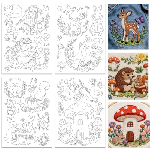 ORIGACH 4 Sheets Animal Water Soluble Embroidery Patterns Stabilizers - color: Forest Animal