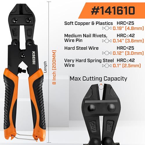 KSEIBI 141610 Mini Bolt Cutters 8 inch - Spring Loaded, CR-V Steel, Sharpened Cutting Edge, Wire Cutter, Snips Clippers, One Hand Operation, Small and Portable Design with Soft Grip Anti-Slip Handle - size: 8 Inch Mini Bolt Cutter