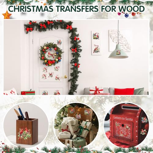 ZMRU 24 Sheets Vintage Christmas Rub On Transfers for Crafts, Rub On Transfers Christmas for Wood，Furniture Decals, Glass, Porcelain, Leather, Canvas, Fabric Projects,3 * 3inch(Cardinal Christmas) - color: Cardinal Christmas