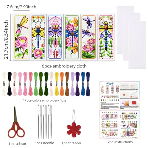 ORIGACH 6 Set Dragonfly & Flower Cross Stitch Bookmark Kit for Beginner - style: Dragonfly & Flower
