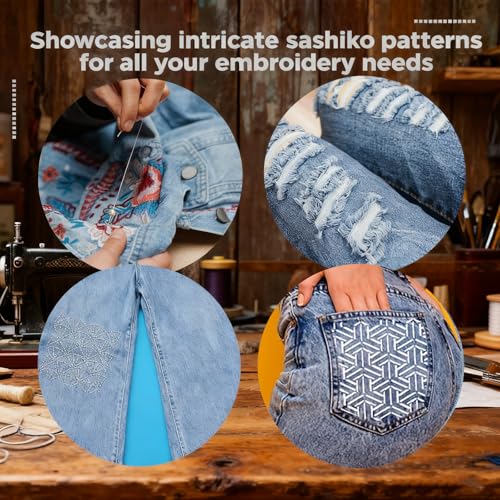 31 PCS Sashiko Stencils Kit with 3.9 x 3.9 Inch Geometric Sashiko Pattern(30PCS) and Needles Thread Tool Kit for Beginners Hand Quilting Mending and Embroidery - size: 3.9 x 3.9 (31PCS)